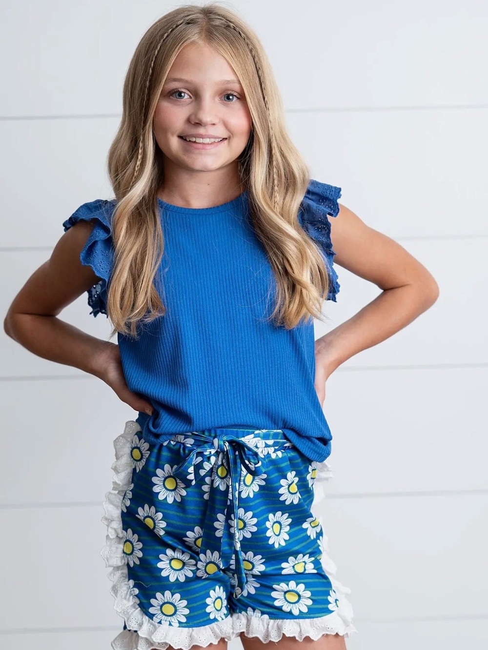 Oopsie Daisy Girls Blue Daisy Lace Ruffle Summer Short Set